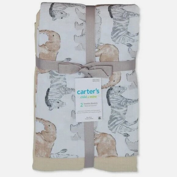 Carter's Receiving Blankets Safari 2 Pack NEW Cotton Muslin Swaddle Blanket - Picture 2 of 4